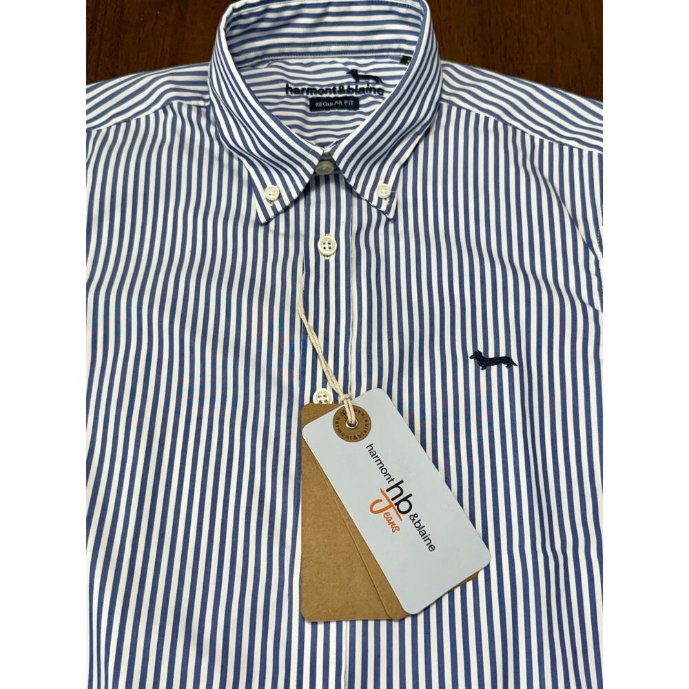 NWT HARMONT & BLAINE Cotton Shirt Blue White Striped REGULAR Fit Sz Small